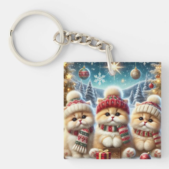 Kitty cats in festive Christmas decor and Snow Key Ring (Front)