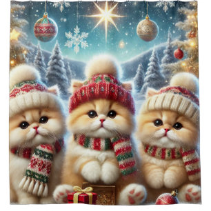 Kitty cats in festive Christmas decor and Snow Shower Curtain
