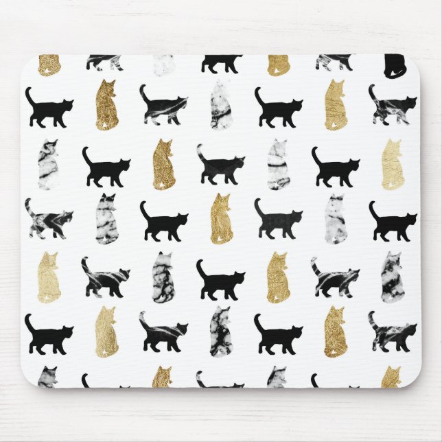 Kitty Cats in Gold and Black and White Marble Mouse Mat (Front)