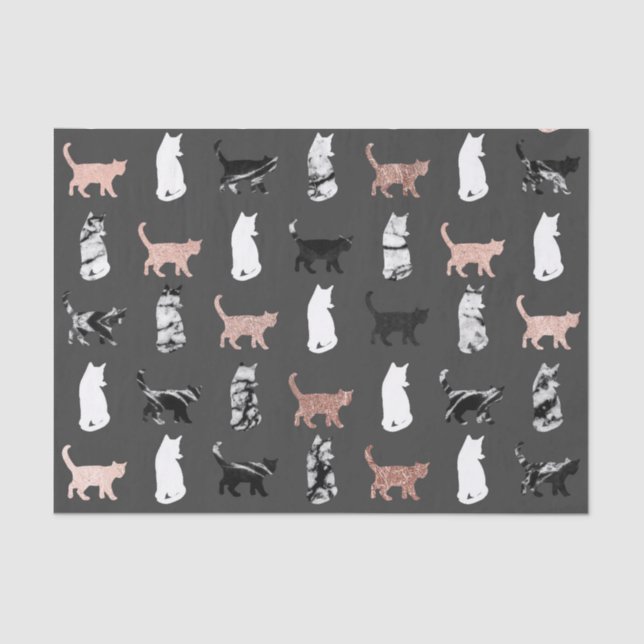 Kitty Cats in Rose Gold and Black and White Marble Tissue Paper (Front)