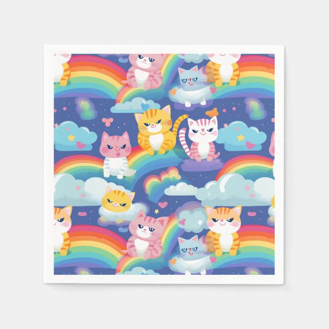 Kitty Cats on Rainbow Clouds Cute and Happy Napkin (Front)