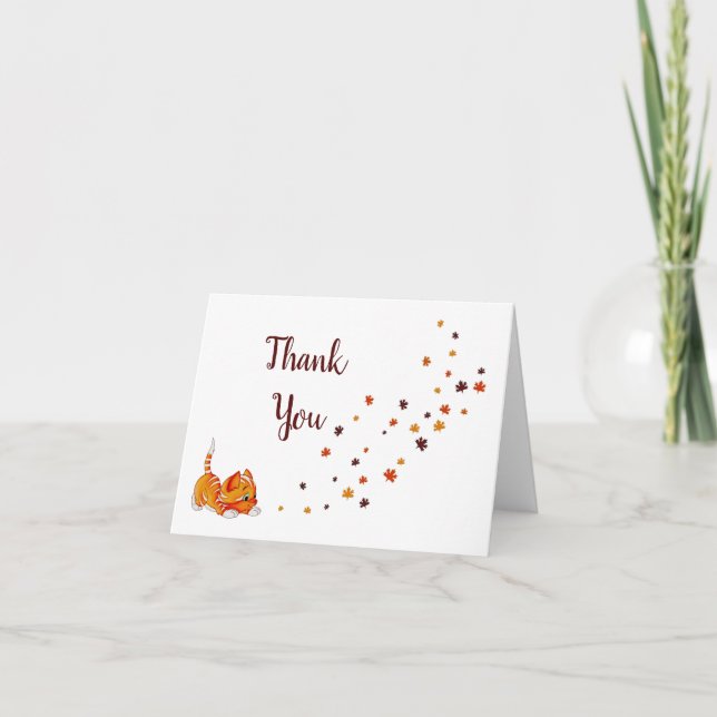 Kitty chasing leaves thank you card (Front)