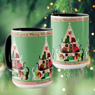 Kitty Christmas Tree Blush Green Custom Holiday  Mug