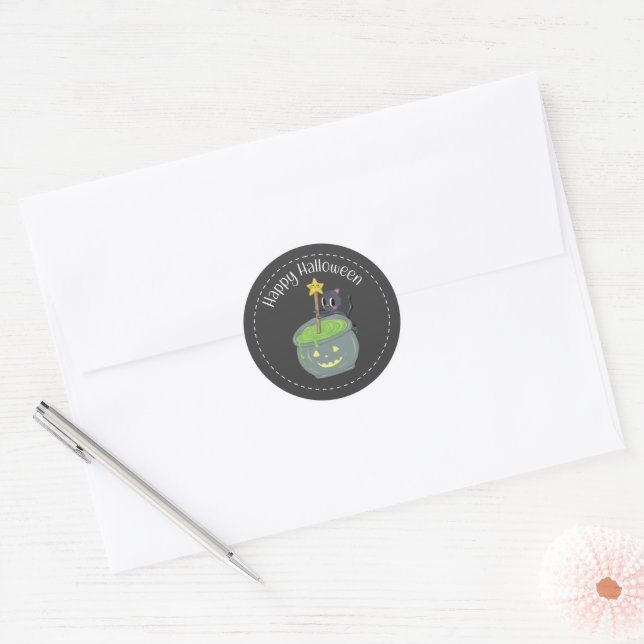 Kitty Cooking Happy Halloween Round Label Sticker (Envelope)