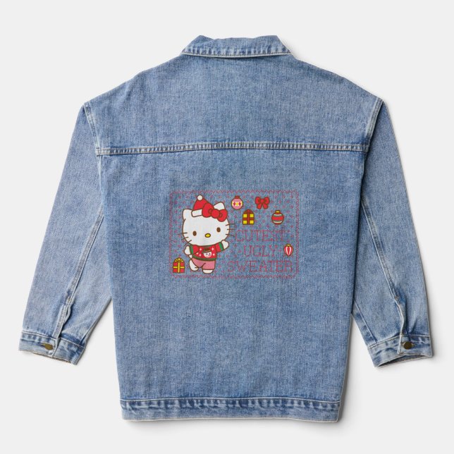 Kitty Cutest Ugly Christmas Sweater Raglan Basebal Denim Jacket (Back)