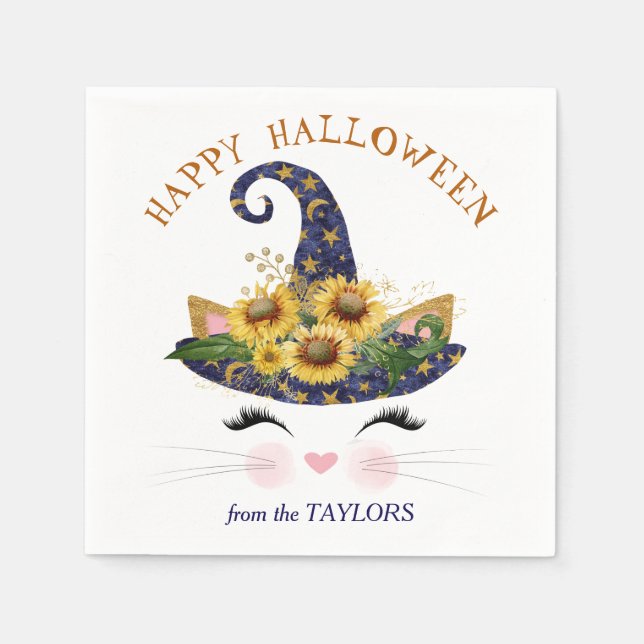 Kitty Face Gold Floral Halloween Napkin (Front)