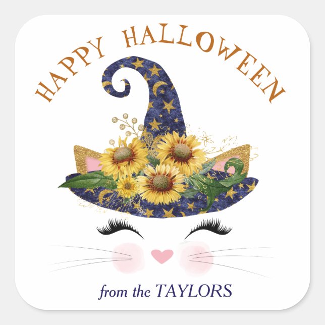 Kitty Face Gold Floral Halloween Square Sticker (Front)