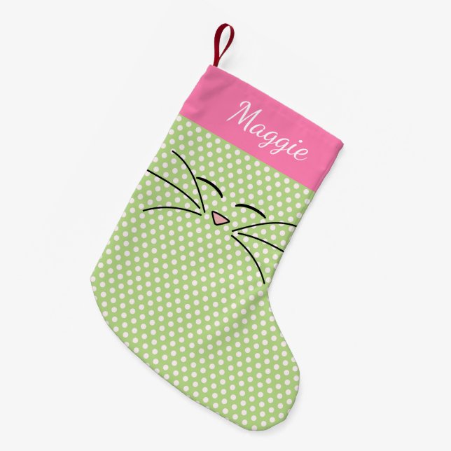 Kitty Face Pink and Green Small Christmas Stocking (Front (Hanging))