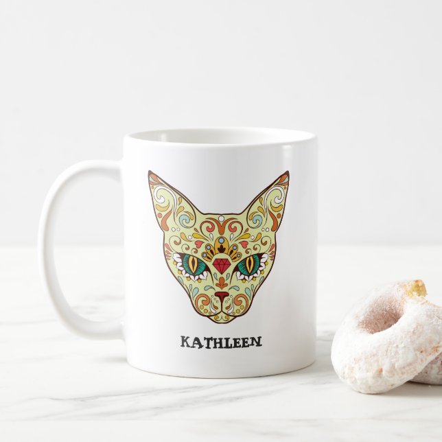 Kitty Face Sugar Skull | Day of the Dead Cat Coffee Mug (With Donut)