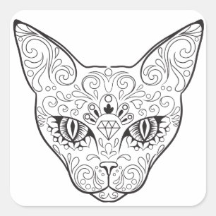 Kitty Face Sugar Skull   Day of the Dead Cat Square Sticker