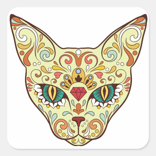 Kitty Face Sugar Skull | Day of the Dead Cat Square Sticker (Front)