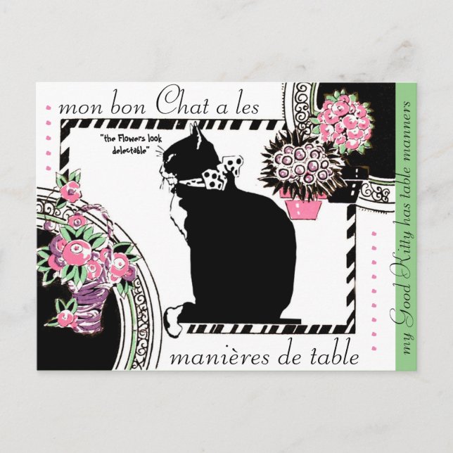 "KITTY HAS TABLE MANNERS" VINTAGE GARDEN PARTY POSTCARD (Front)
