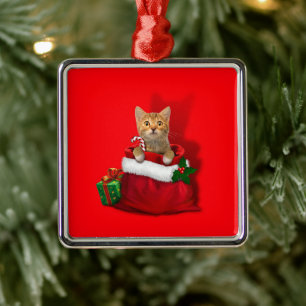 Kitty in a Christmas Bag Metal Tree Decoration