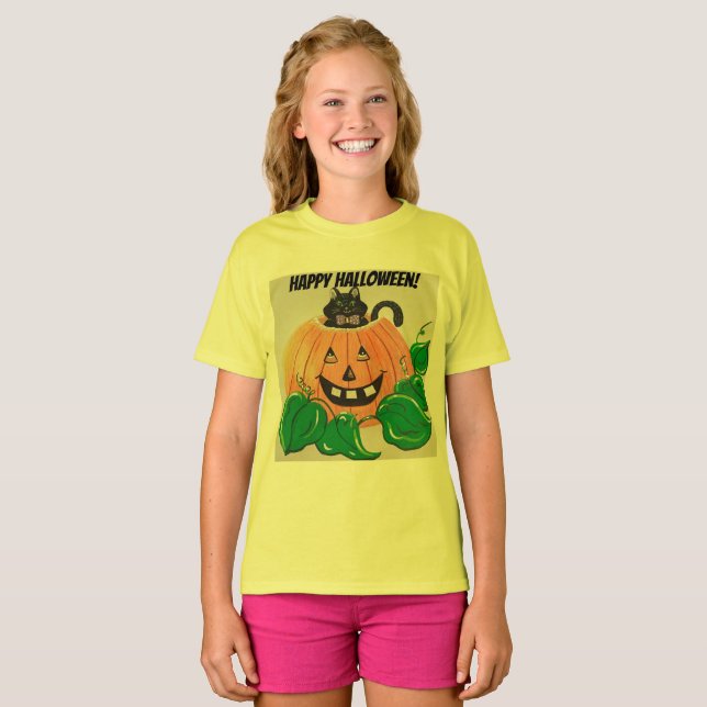 Kitty in Pumpkin Halloween T-Shirt (Front Full)