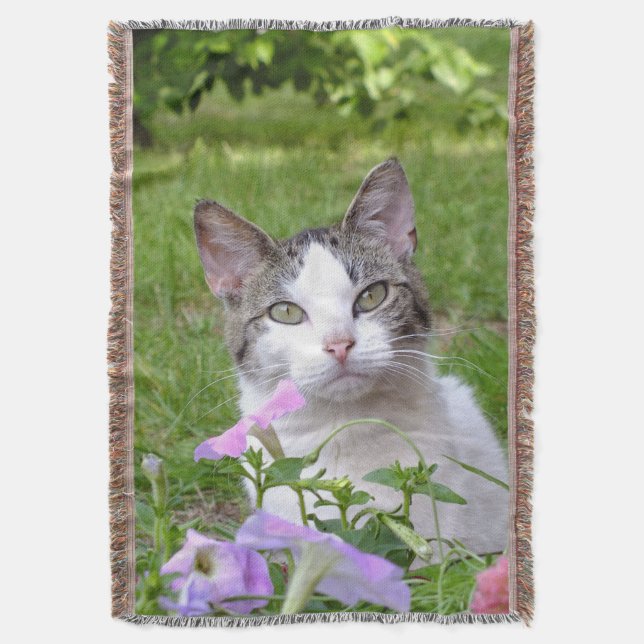 Kitty in the Flowers Throw Blanket (Front Vertical)