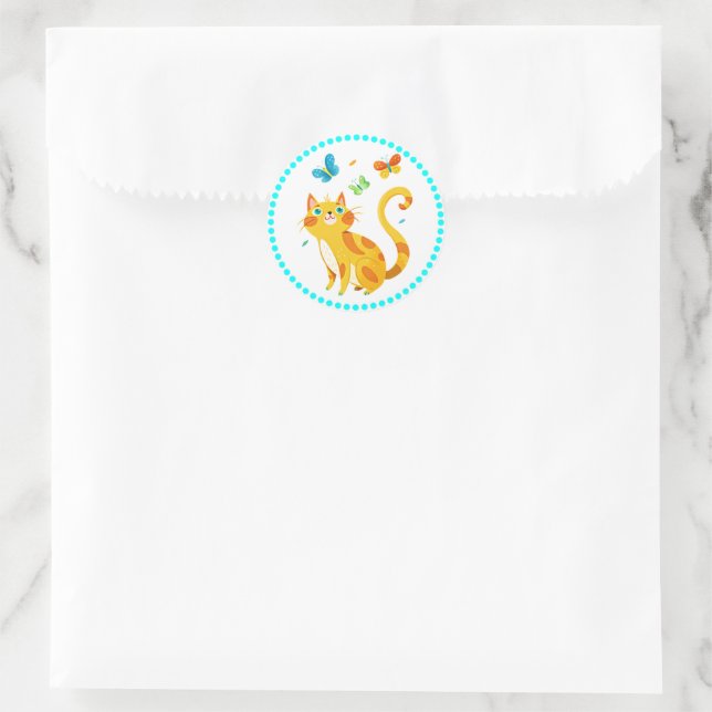 Kitty Kat and Colourful Butterflies Classic Round Sticker (Bag)