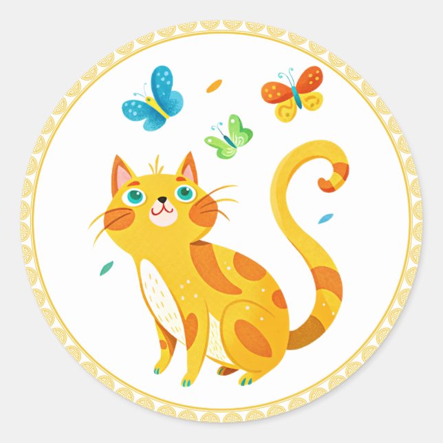 Kitty Kat and Colourful Butterflies, gold frame, Classic Round Sticker (Front)