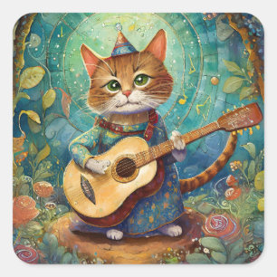 Kitty Kat Playing Guitar Square Sticker