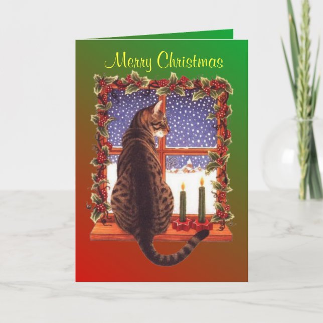 Kitty Looking Out Window Christmas Card (Front)