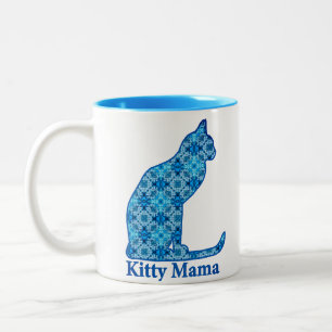 Kitty Mama Sitting Cat in Denim Blue Pattern  Two-Tone Coffee Mug