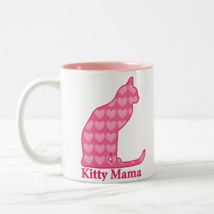 Kitty Mama Sitting Cat in Fuchsia Pink Hearts Two-Tone Coffee Mug