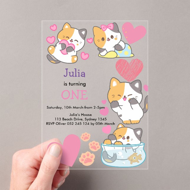 kitty one baby girl birthday acrylic invitations (Insitu (Handheld))