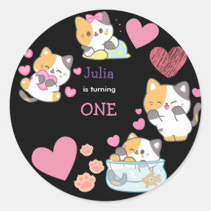 kitty one baby girl birthday black classic round sticker