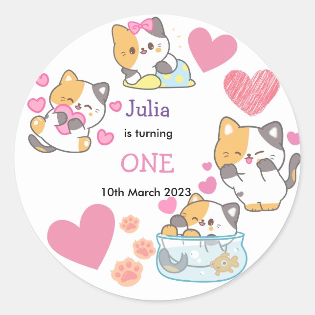 kitty one baby girl birthday   classic round sticker (Front)