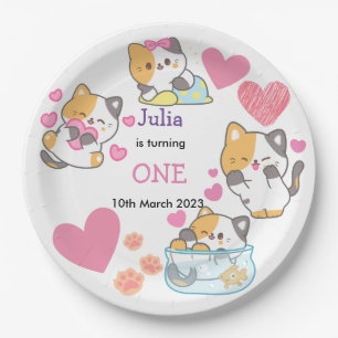 kitty one baby girl birthday paper plate