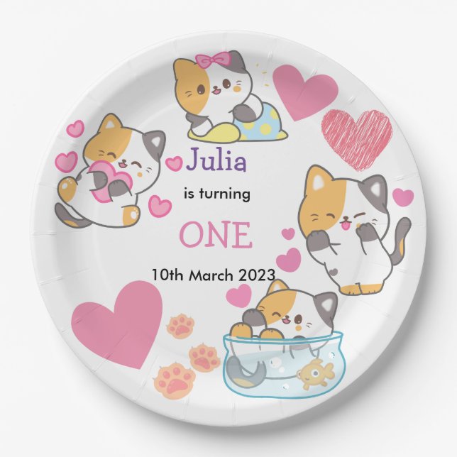 kitty one baby girl birthday   paper plate (Front)