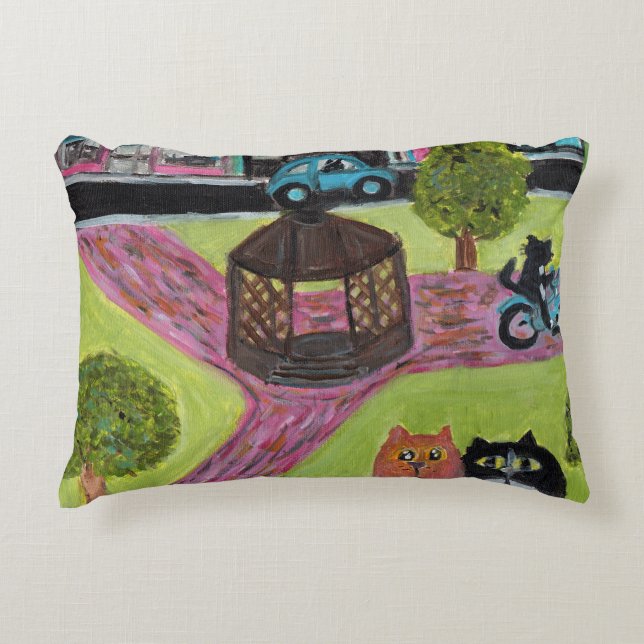 Kitty Park Fun Folk Art Cat Painting Town Square Decorative Cushion (Front)