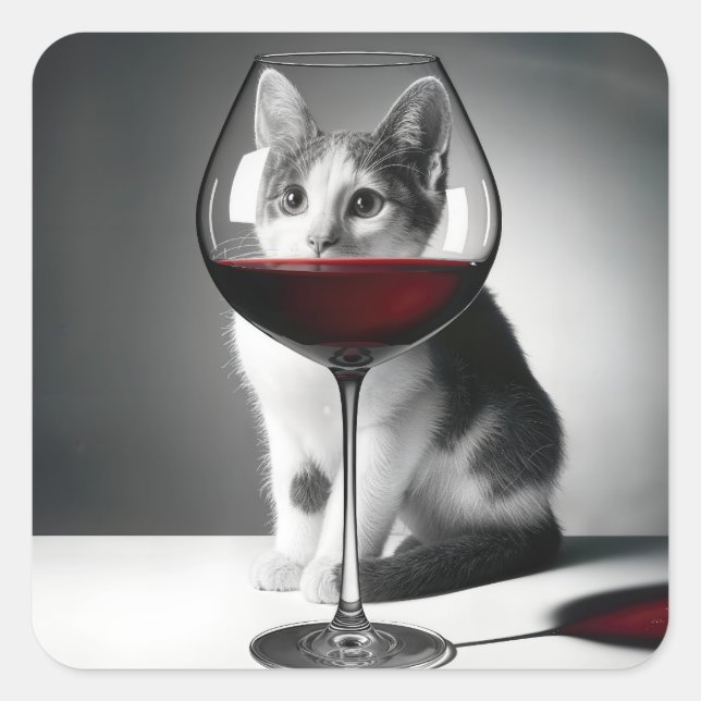 Kitty Peeking Through a Wine Glass Square Sticker (Front)