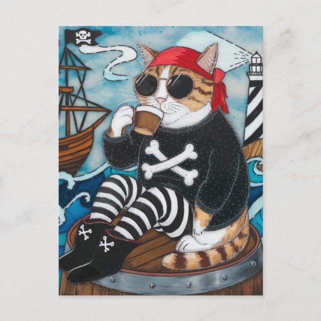 Kitty Pirate in fuzzy black sweater with a coffee Postcard (Front)