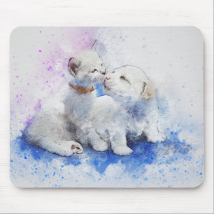 Kitty & Puppy Love Abstract Watercolor Mouse Mat