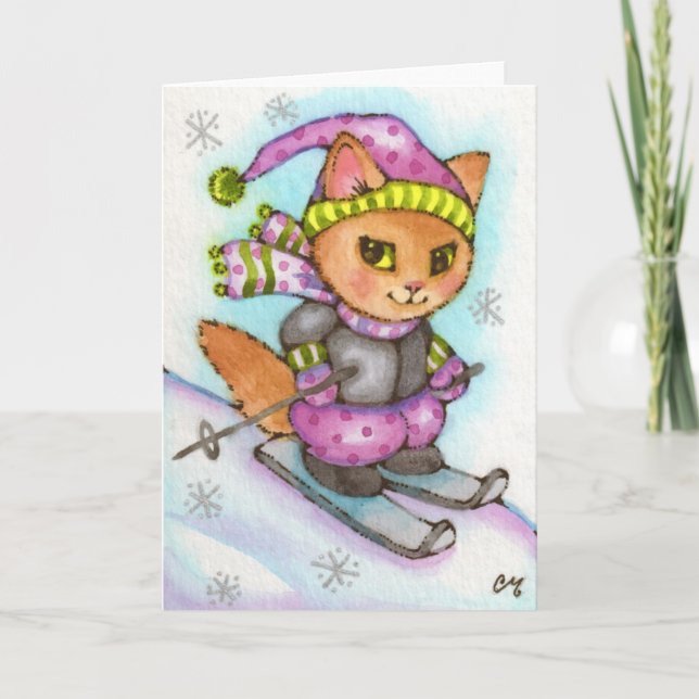Kitty Skiing - Cute winter cat Holiday Card (Front)