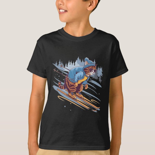 Kitty Skiing Down A Snowy Slope Funny  T-Shirt (Front)