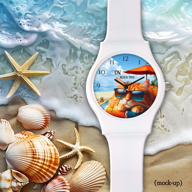 Kitty Snoozing on the Beach Always Summer Watch (Cat lover watch featuring a colorful painting of a kitty snoozing on the beach.)