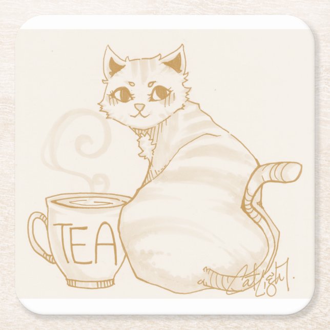 Kitty Tea Break Square Paper Coaster (Front)