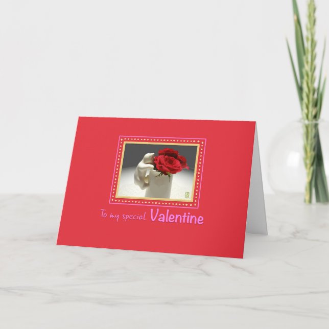 Kitty & Tea Roses on Red Valentine Card (Front)