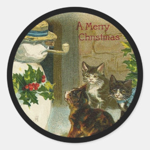 Kitty Trio and Snowman Classic Round Sticker