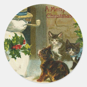 Kitty Trio with Snowman and Holly Classic Round Sticker