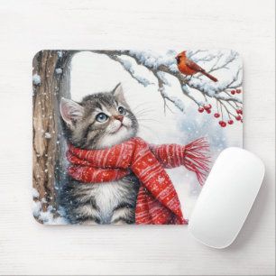 Kitty Watching a Cardinal In Snowflakes Mouse Mat