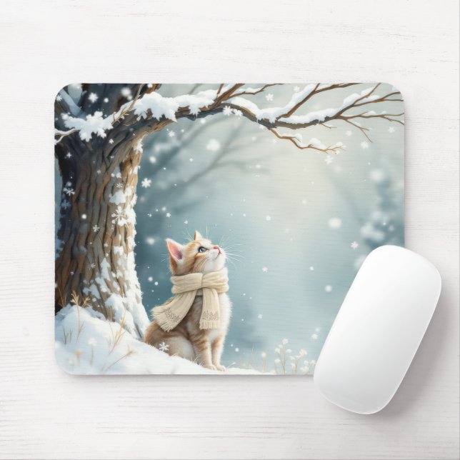 Kitty Watching Snowflakes Mouse Mat (With Mouse)