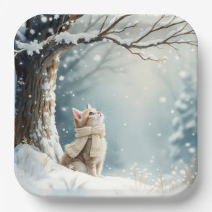 Kitty Watching Snowflakes Paper Plate