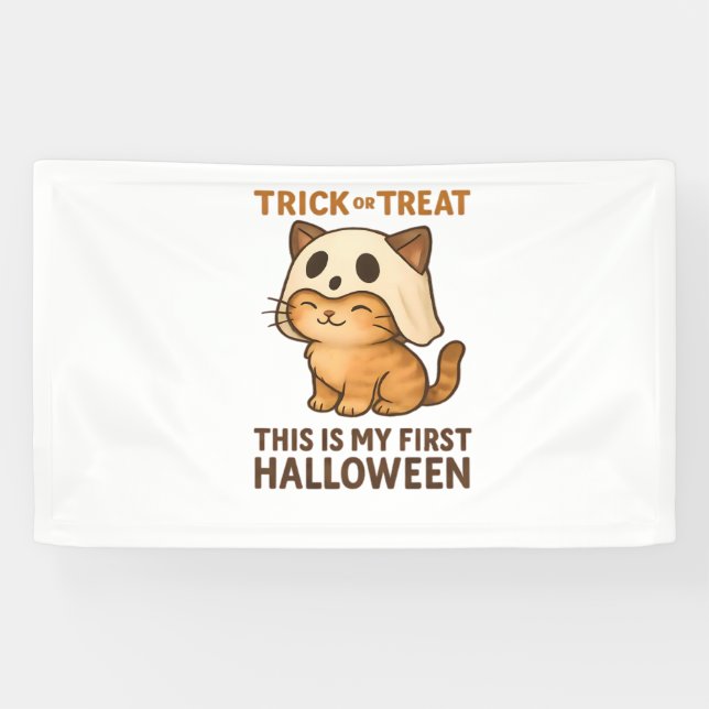 kitty wearing a mask ready for his first Halloween Banner (Horizontal)