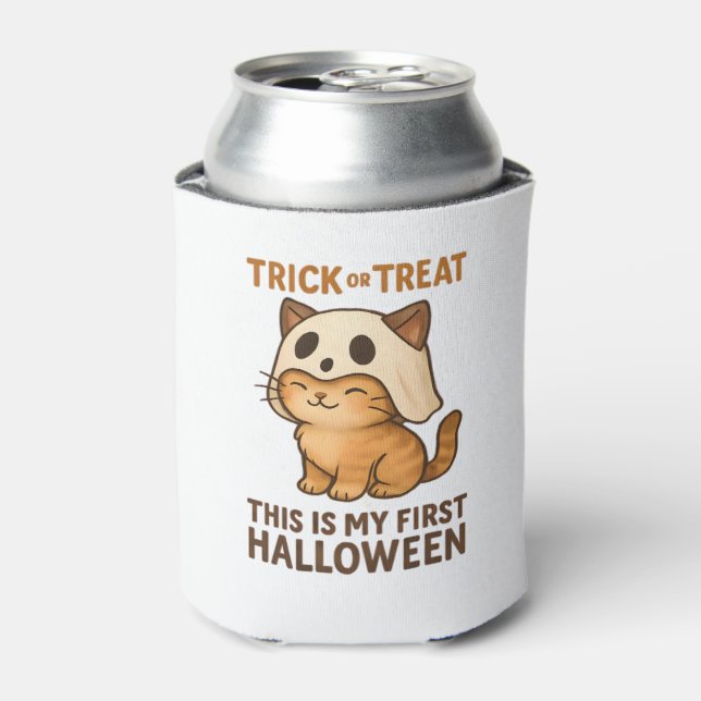 kitty wearing a mask ready for his first Halloween Can Cooler (Can Front)