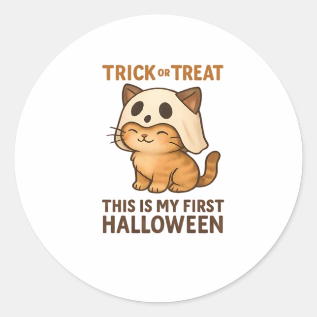 kitty wearing a mask ready for his first Halloween Classic Round Sticker (Front)
