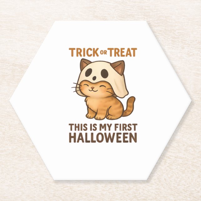 kitty wearing a mask ready for his first Halloween Paper Coaster (Front)