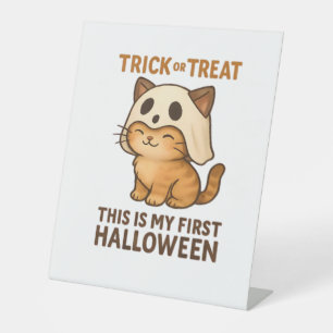 kitty wearing a mask ready for his first Halloween Pedestal Sign