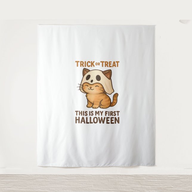 kitty wearing a mask ready for his first Halloween Tapestry (Front)